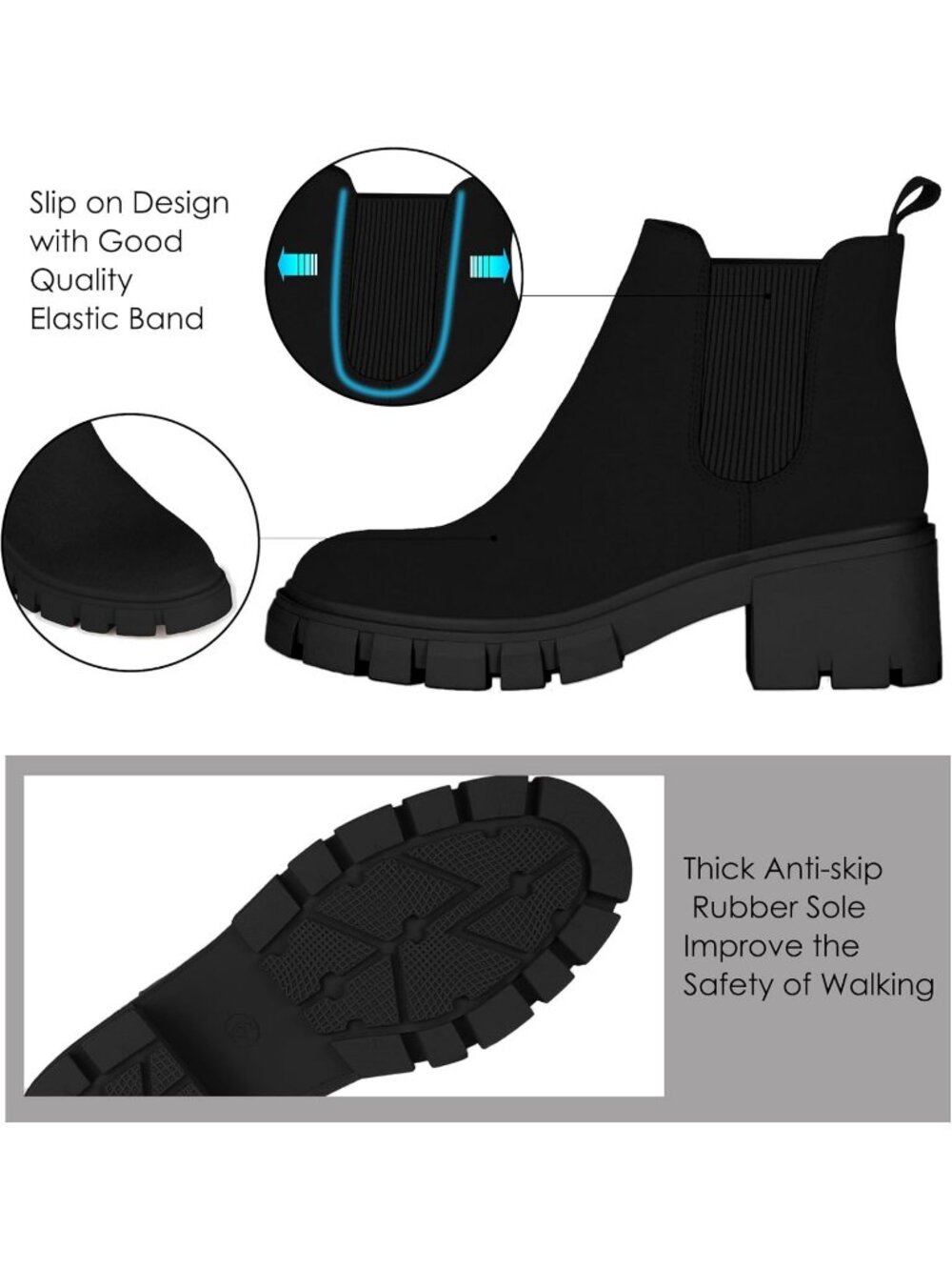 Women's Black Suede Fashion Lug Sole Chunky Heel Chelsea Boots - Picture 4 of 6